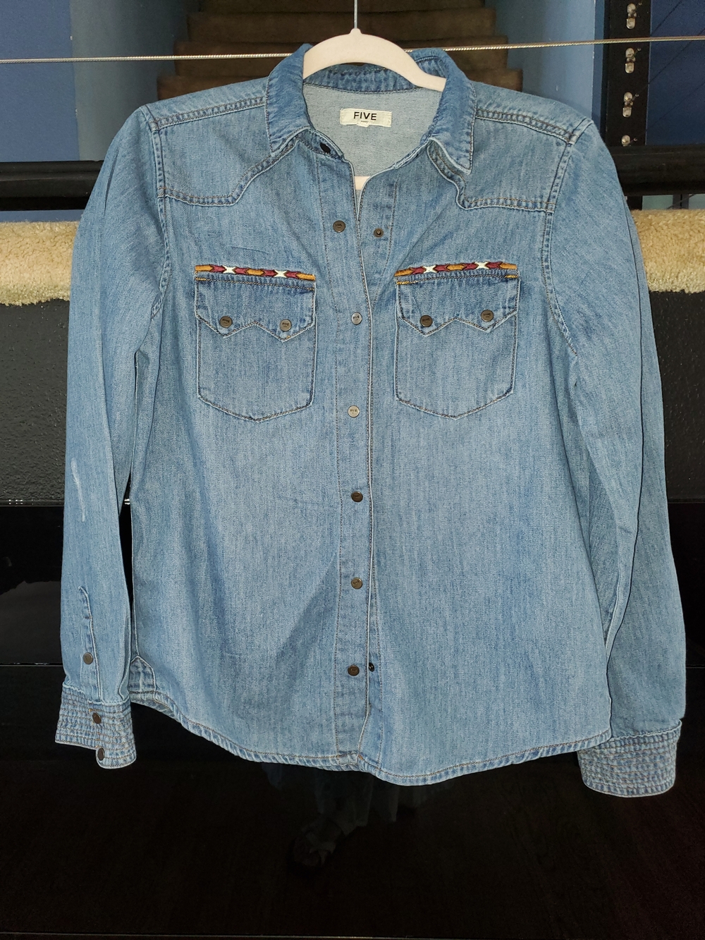 Light Blue Denim Western Shirt with Embroidered Chest Trim